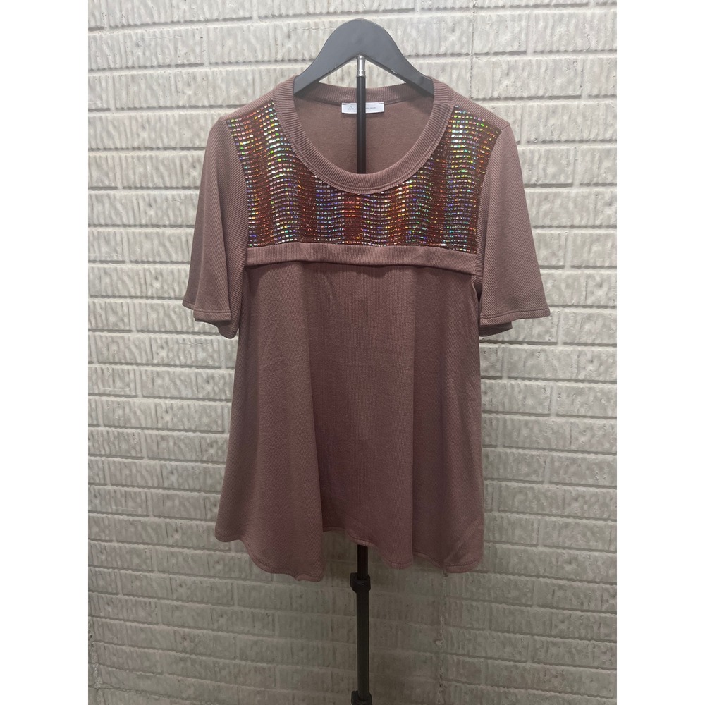 Ces Femme Mauve Rib Knit Sequin Tunic Top Short Sleeve Scoop Neck Medium TT3584S